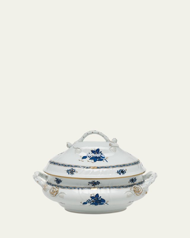 Chinese Bouquet Black Sapphire Tureen with Branch Handle